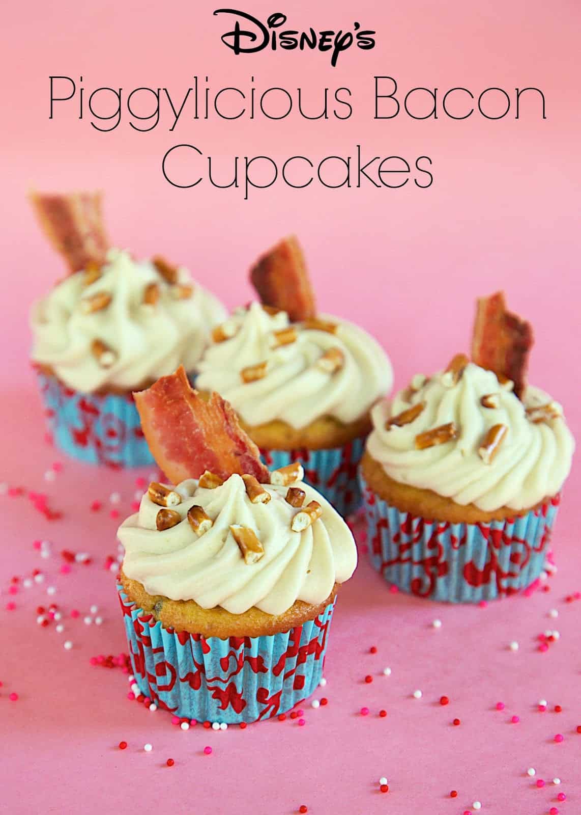 Disney's Piggylicious Bacon Cupcakes - cupcakes baked with bacon fat and packed full of bacon. Topped with a maple cream cheese frosting! OMG delicious! 