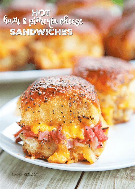 Hot Ham and Pimento Cheese Sandwiches - Hawaiian rolls, ham, pimento cheese topped with a sweet and savory butter poppy seed sauce and baked. SOOOO good! These are so easy to assemble - only takes a few minutes. Perfect for brunch, lunch or dinner. There are never any left! A new favorite!