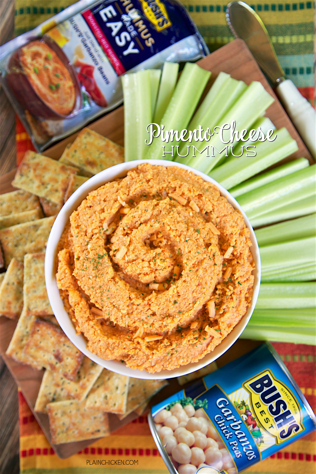 3-Ingredient Pimento Cheese Hummus - Bush's Garbanzo beans, Bush's Roasted Red Pepper Hummus Made Easy and cheddar cheese. Ridiculously easy and crazy delicious! Ready in about a minute! Whip this up when you need a last minute snack. Great for parties and tailgates!!