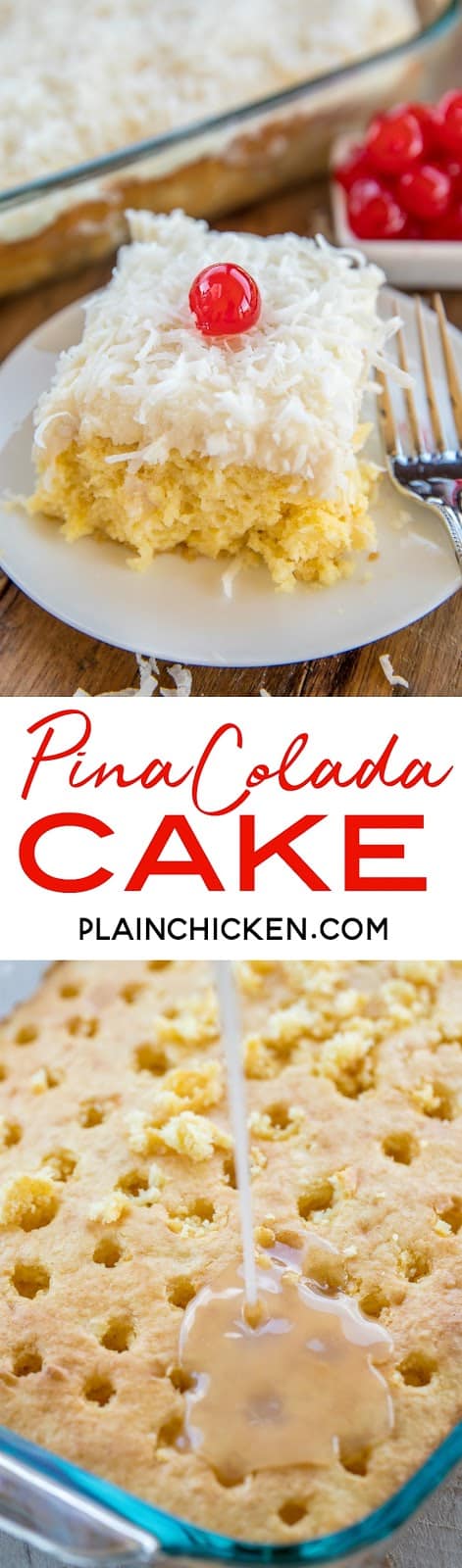 Pina Colada Poke Cake - cake loaded with coconut, pineapple and rum. This cake is SO good!! It gets better as it sits in the refrigerator. Pineapple cake topped with homemade cream cheese frosting and coconut! Golden Butter Cake Mix, oil, eggs, crushed pineapple, sour cream, rum extract, cream of coconut, cream cheese, milk, powdered sugar, coconut. Great for parties and potlucks. There are NEVER any leftovers!! SO good!! #cake #pinacolada #pokecake