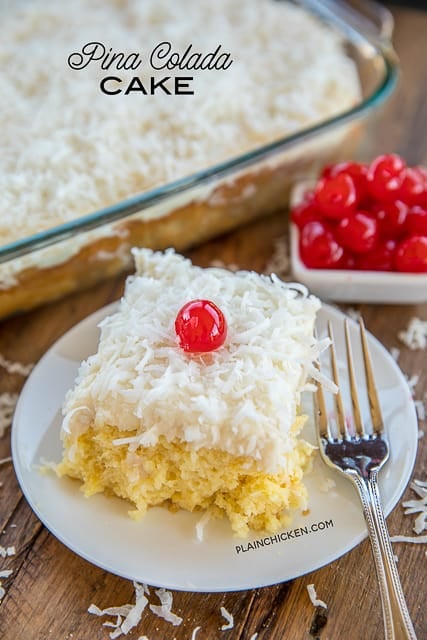 Pina Colada Poke Cake - cake loaded with coconut, pineapple and rum. This cake is SO good!! It gets better as it sits in the refrigerator. Pineapple cake topped with homemade cream cheese frosting and coconut! Golden Butter Cake Mix, oil, eggs, crushed pineapple, sour cream, rum extract, cream of coconut, cream cheese, milk, powdered sugar, coconut. Great for parties and potlucks. There are NEVER any leftovers!! SO good!! #cake #pinacolada #pokecake