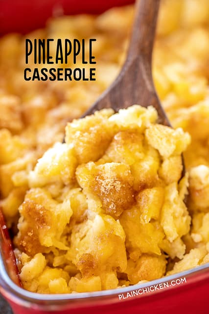 Pineapple Casserole - one of our favorite side dishes! I took this to a potluck and everyone raved about this easy casserole. Only 7 ingredients - crushed pineapple, sugar, eggs, lemon juice, nutmeg, butter, and bread cubes. Sprinkle top with some brown sugar if desired.SO easy and SO delicious! Great for potlucks and the holidays! Everyone always asks for the recipe. #casserole #pineapple #easter #sidedish 