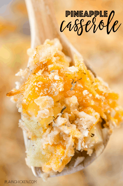 Pineapple Casserole - sounds weird, but this is THE BEST! Everyone raved about this easy casserole. Only 6 ingredients - pineapple chunks, flour, sugar, cheddar cheese, Ritz crackers, butter. SO easy and SO delicious! Great for potlucks! Everyone always asks for the recipe.