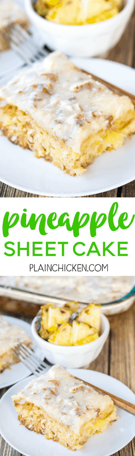 Pineapple Sheet Cake - seriously delicious! Easy pineapple cake with a delicious cream cheese frosting! Sugar, flour, baking soda, vanilla, crushed pineapple, pecans, butter, cream cheese. Great for cookouts and potlucks. Can make ahead of time and refrigerate until ready to serve.