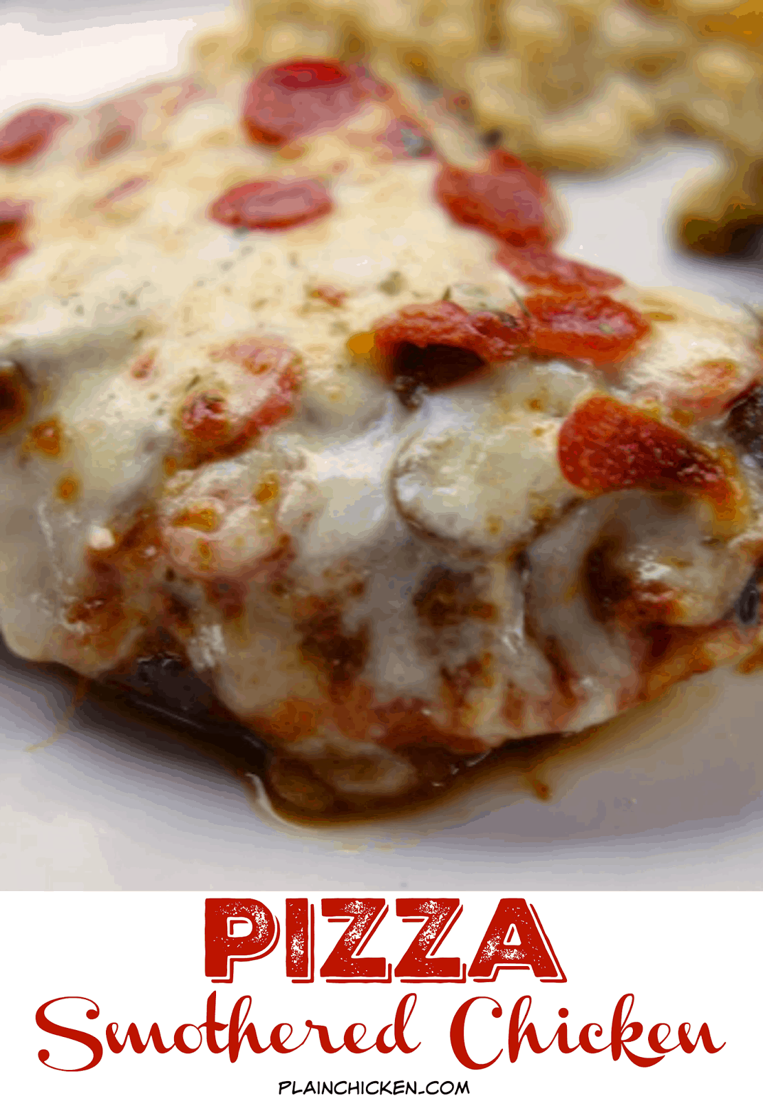 Pizza Smothered Chicken - your two favorite foods in one easy dinner! Italian marinated chicken pan seared, topped with pizza sauce, mozzarella and pizza toppings. Only 5 ingredients!! SO good! Everyone gobbled this up!! A new easy weeknight favorite!