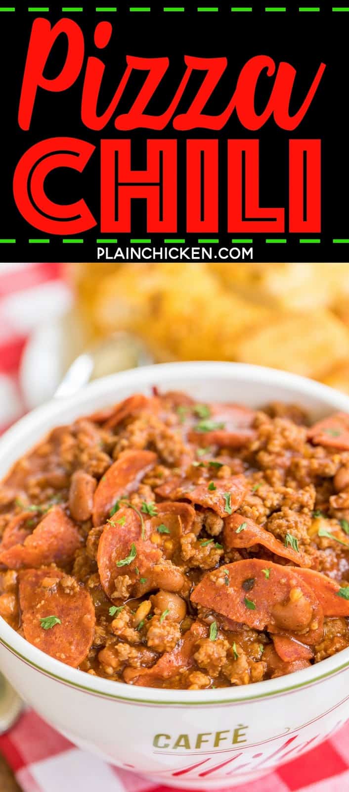 Pizza Chili - pizza and chili together in one delicious dish! Ground beef, sausage, pepperoni, garlic, salsa, pizza sauce, chili powder. Ready in about 30 minutes! Can also make in the slow cooker. Great for potlucks and tailgating! Top with mozzarella cheese or some ricotta cheese. Serve with some crusty garlic bread for a quick and easy meal that the whole family will LOVE!!! Freeze leftovers for a quick meal later!