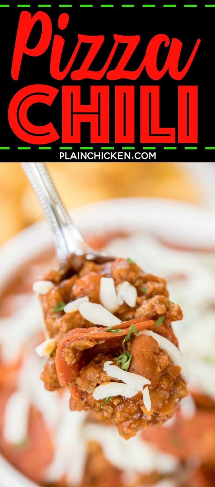 Pizza Chili - pizza and chili together in one delicious dish! Ground beef, sausage, pepperoni, garlic, salsa, pizza sauce, chili powder. Ready in about 30 minutes! Can also make in the slow cooker. Great for potlucks and tailgating! Top with mozzarella cheese or some ricotta cheese. Serve with some crusty garlic bread for a quick and easy meal that the whole family will LOVE!!! Freeze leftovers for a quick meal later!
