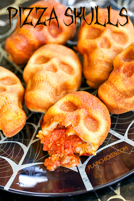 Pizza Skulls - pizza pockets baked in a skull pan. SO easy!! Can customize each pizza pocket to everyone's preference. Great for Halloween and The Walking Dead parties! Can bake and freeze for later!