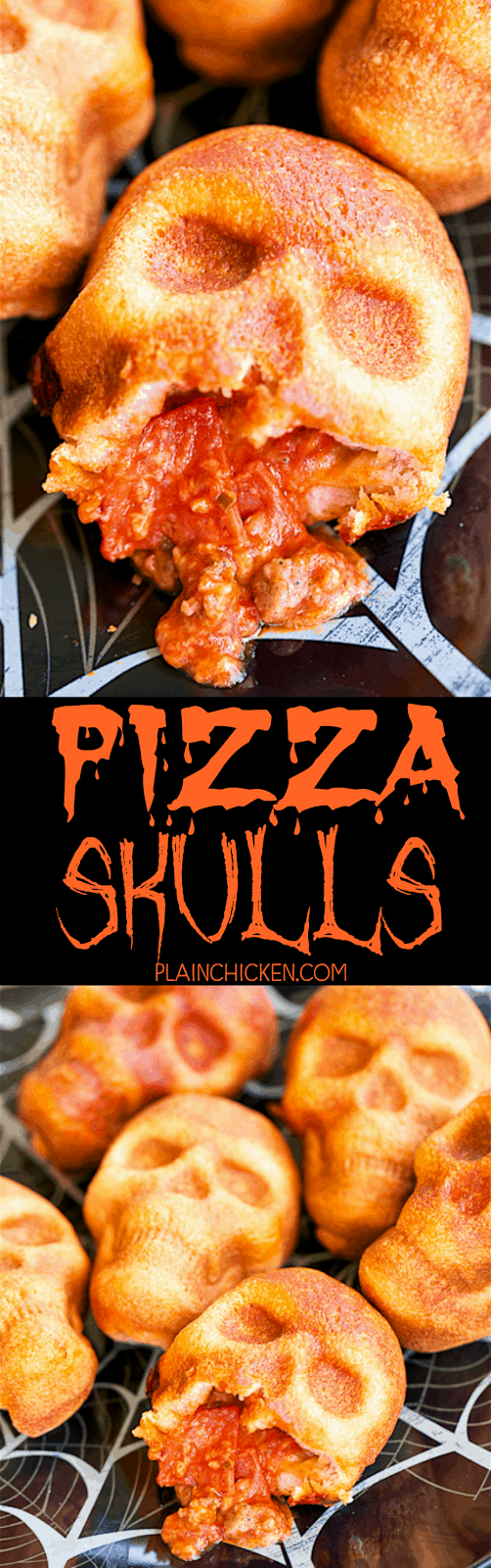 Pizza Skulls - pizza pockets baked in a skull pan. SO easy!! Can customize each pizza pocket to everyone's preference. Great for Halloween and The Walking Dead parties! Can bake and freeze for later!