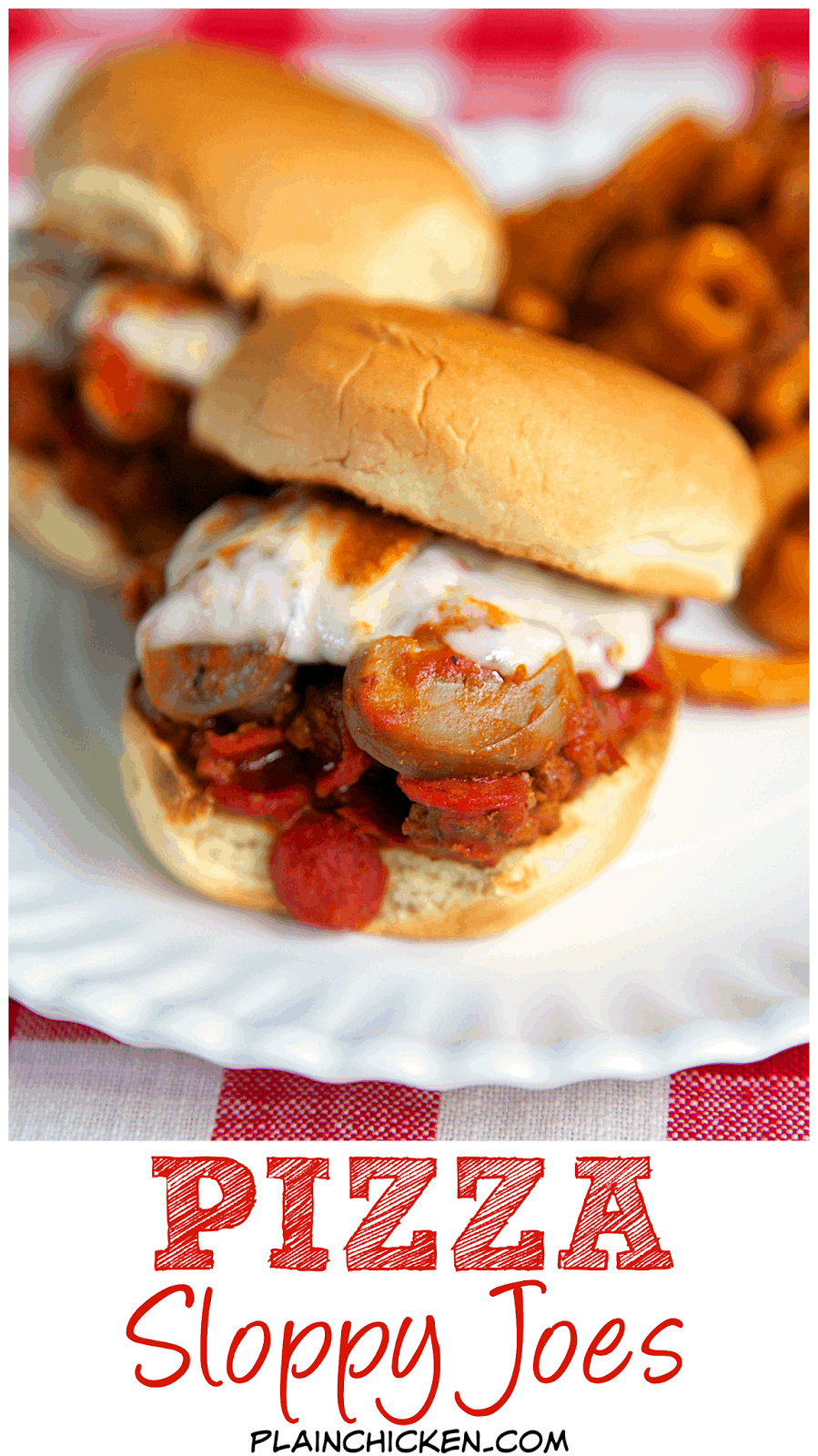 Pizza Sloppy Joes Recipe - hamburger or sausage, pepperoni, mushrooms, pizza sauce - top with mozzarella cheese. Our new favorite way to eat sloppy joes! Ready to eat in about 15 minutes!