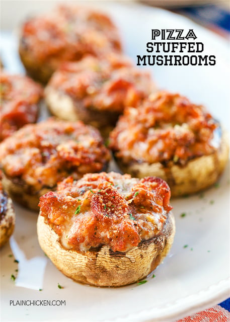 Pizza Stuffed Mushrooms -SO GOOD! Mushroom caps stuffed with sausage, pepperoni, pizza sauce, basil, garlic, mozzarella and parmesan. Feel free to add your favorite toppings. Ready to eat in 15 minutes. Great for parties, tailgating or a low-carb lunch or dinner!!