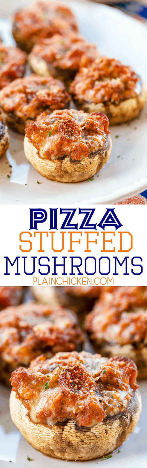 Pizza Stuffed Mushrooms -SO GOOD! Mushroom caps stuffed with sausage, pepperoni, pizza sauce, basil, garlic, mozzarella and parmesan. Feel free to add your favorite toppings. Ready to eat in 15 minutes. Great for parties, tailgating or a low-carb lunch or dinner!!