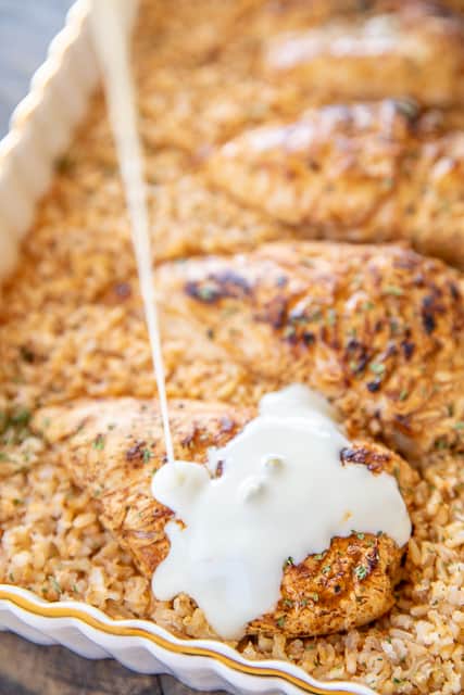 chicken and rice in baking dish