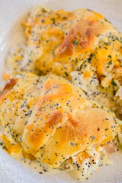 Poppy Seed Chicken Roll Ups - heaven in a pan!! Chicken and cream cheese wrapped in crescent rolls and topped cream of chicken soup, milk, cheese and poppy seeds. These are on the menu at least once a month! Everyone gobbles these up - we never have any leftovers. Our family's favorite chicken casserole!!