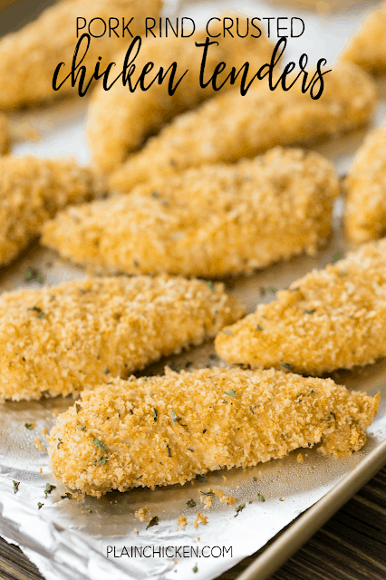 Pork Rind Crusted Chicken Tenders - oven baked chicken that is SO crispy and delicious! Everyone LOVED this chicken! Chicken tenders coated in crushed pork rinds, panko bread crumbs, cajun seasoning, eggs, and mayonnaise. Dip in your favorite dipping sauce or chop up on top of a salad. These are in our monthly dinner rotation. SO good! Can freeze coated tenders for later too!!!