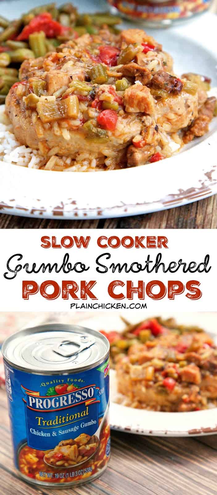 Slow Cooker Gumbo Smothered Pork Chops - pork chops seasoned with cajun seasoning and slow cooked in Progresso™ Chicken and Sausage Gumbo. SO easy and super delicious!  This was a huge hit in our house!