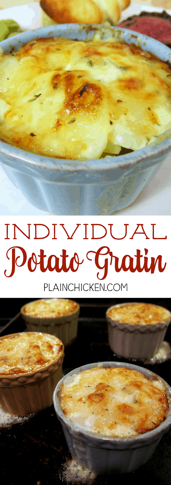 Individual Potato Gratin - thinly sliced potatoes, heavy cream, thyme and gruyere cheese - bake in individual ramekins. SO easy and SO delicious. Ready in under 30 minutes. One of our favorite potato side dishes!!! Everyone loves these potatoes.