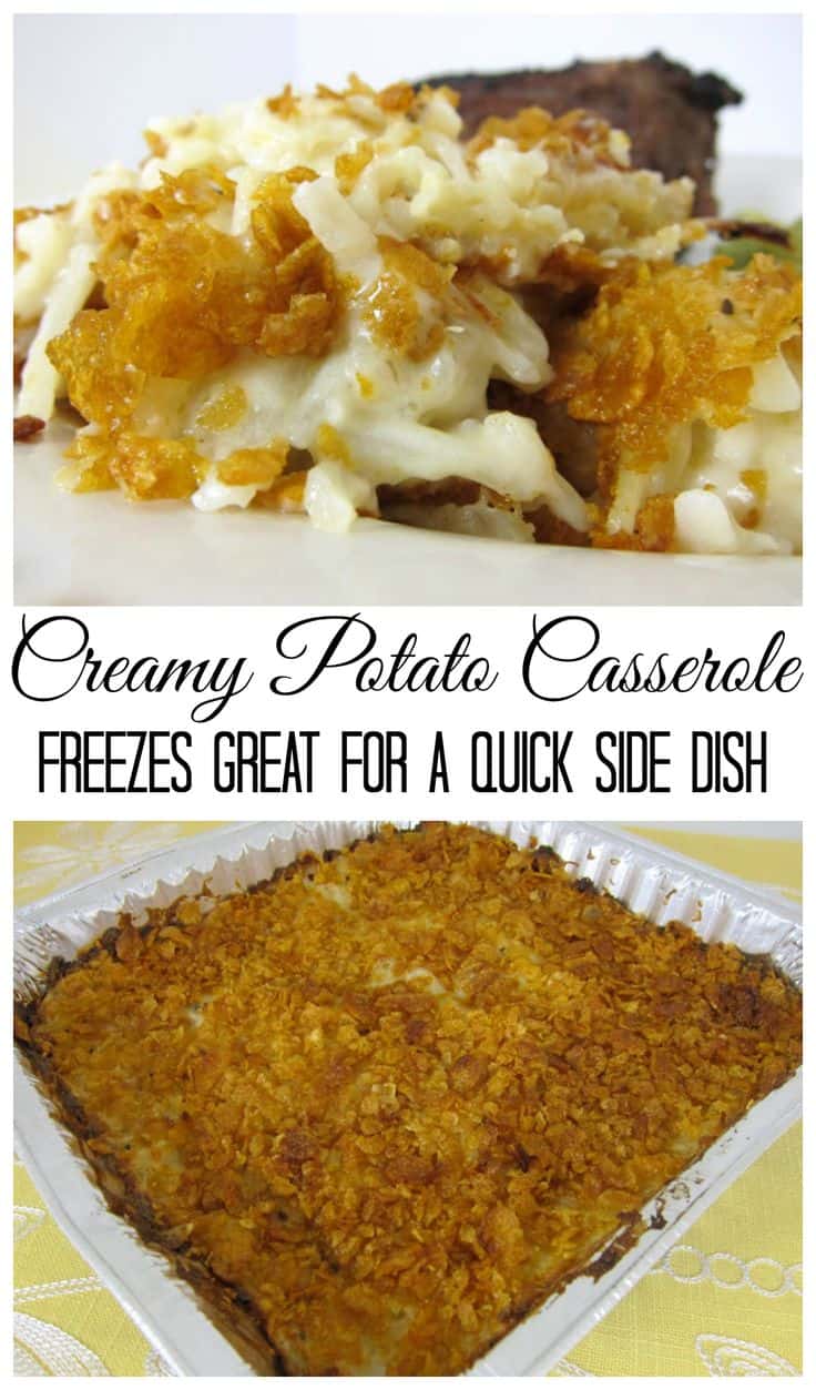 Creamy Potato Casserole - our favorite potato casserole! Frozen hash brown potatoes, chicken soup, mushroom soup, sour cream, top with crushed cornflakes. Great for a crowd/potluck. Freezes great for a quick side dish later!