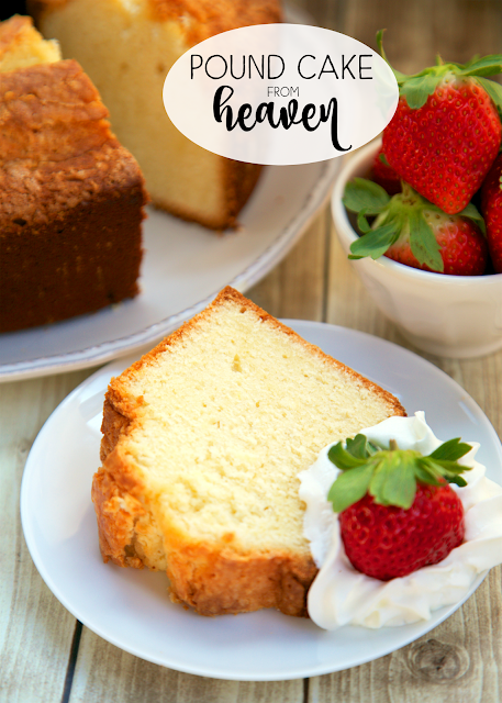 Pound Cake from Heaven - delicious Southern pound cake recipe! Sweet, rich and still as light as a feather. Great for a potluck; everyone loves this! Serve with some fresh whipped cream and strawberries. Can freeze leftovers for a quick dessert later!!
