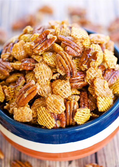 Praline Crunch - highly addictive!! SOOOO good! Sweet and Salty in every bite! Crispix cereal, pecans, brown sugar, corn syrup, butter, vanilla, baking soda. Can make ahead of time and store in an air-tight container. Great for a party or homemade gift!