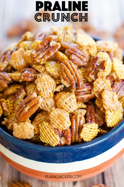 Praline Crunch - highly addictive!! SOOOO good! Sweet and Salty in every bite! Crispix cereal, pecans, brown sugar, corn syrup, butter, vanilla, baking soda. Can make ahead of time and store in an air-tight container. Great for a party or homemade gift!
