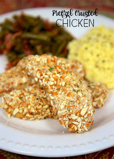 Pretzel Crusted Chicken Tenders - chicken coated in cornmeal, dijon mustard, garlic and pretzels then baked. Ready in under 20 minutes! My husband raves about these! He asks me to make them at least once a week! SO good! Can coat and freeze for later!!