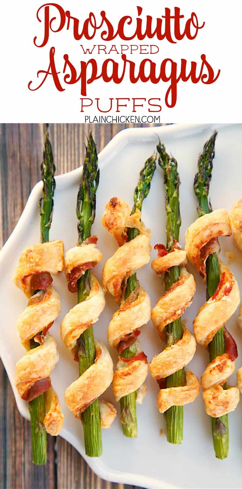 Prosciutto Wrapped Asparagus Puffs - only 5 ingredients! Asparagus, prosciutto, dijon mustard, parmesan cheese and puff pastry. Great side dish or appetizer. Can make ahead of time and freezer for later. You can't go wrong with this recipe! SO easy and delicious!!