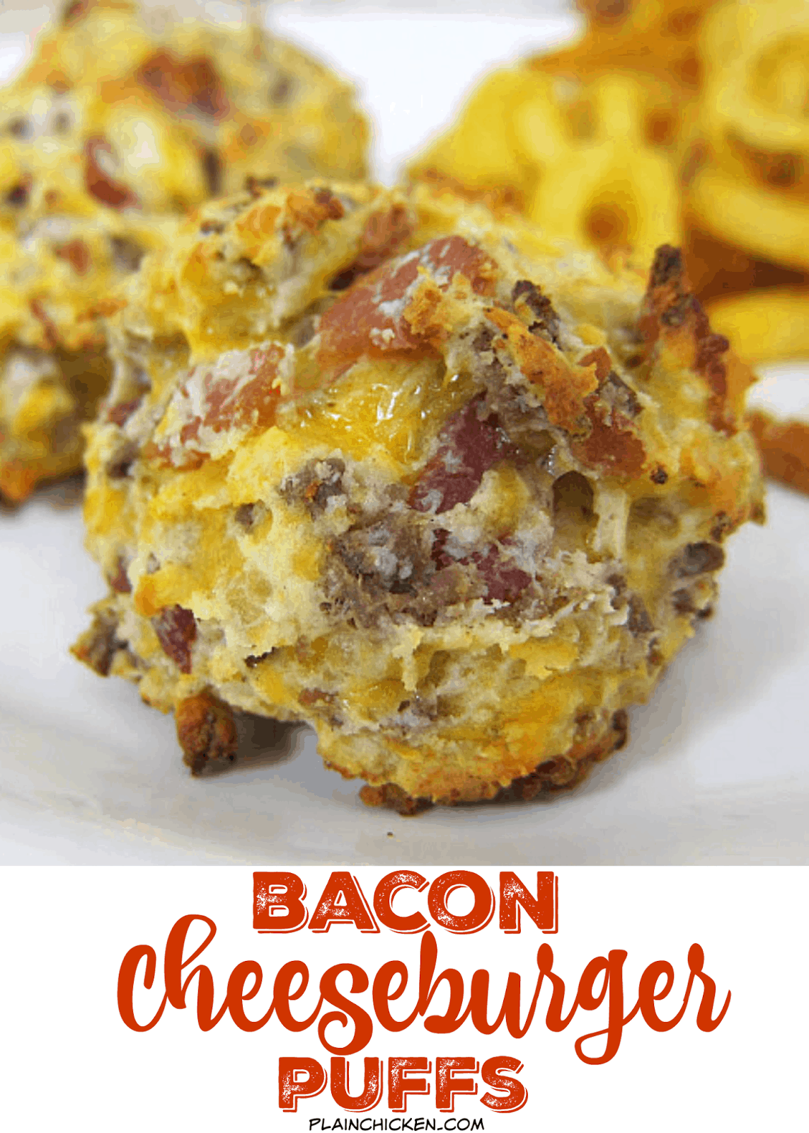 Bacon Cheeseburger Puffs - all the flavors of a bacon cheeseburger in bite-size form! Hamburger, bacon, cheese, bisquick - can bake and freezer for a quick snack later. These don't last long at parties!