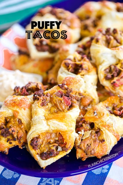 Puffy Tacos - my favorite way to eat tacos! Only 5 ingredients - hamburger, taco seasoning, diced tomatoes and green chiles, cheese and puff pastry. Ready to eat in minutes!! Can make ahead of time and freeze for later. Great for tailgating and parties! 