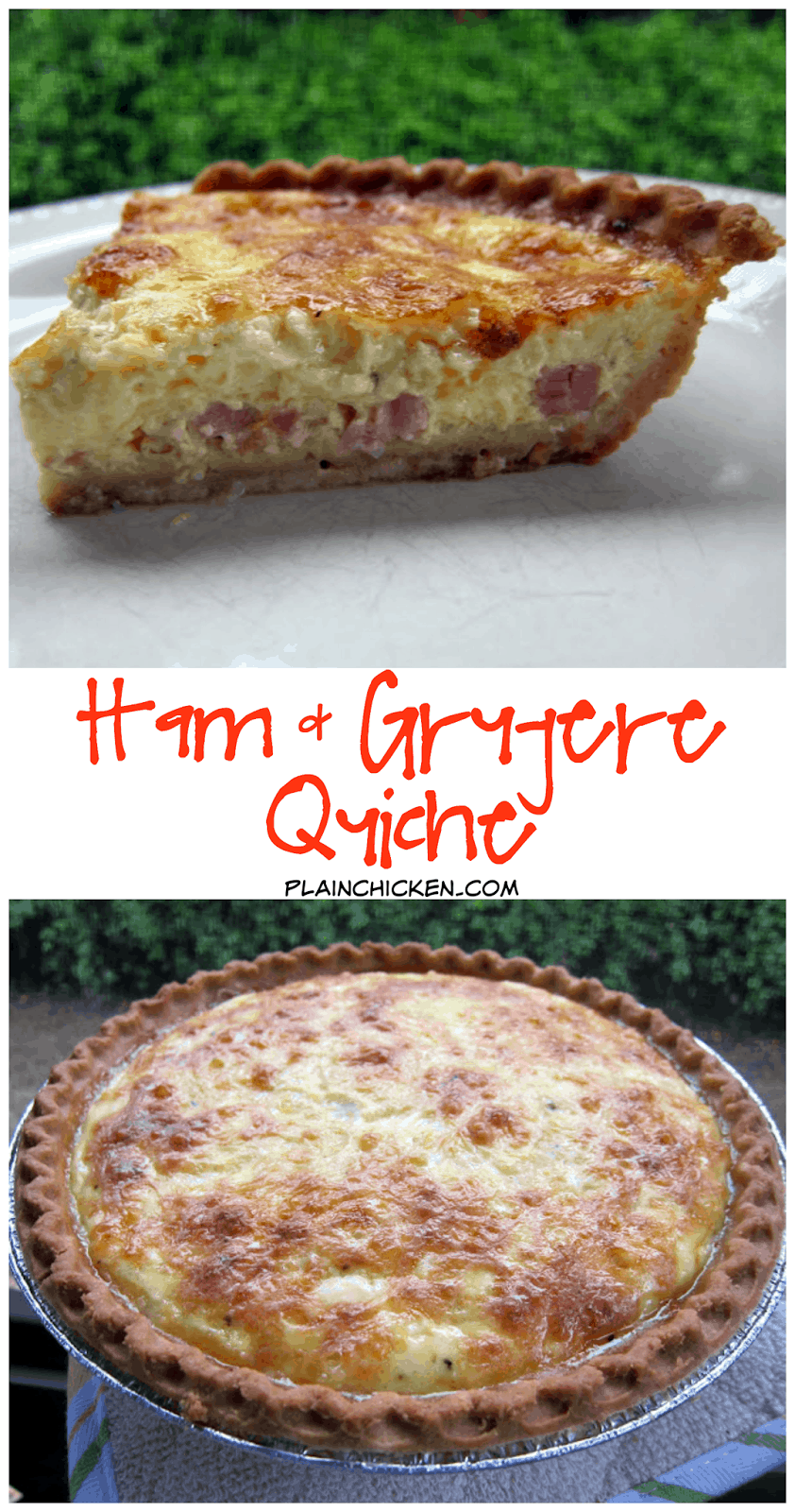 Ham and Gruyere Quiche - eggs, milk, sour cream ham, gruyere cheese - can assemble & freeze for later! SO good! We love it for breakfast, lunch or dinner. 