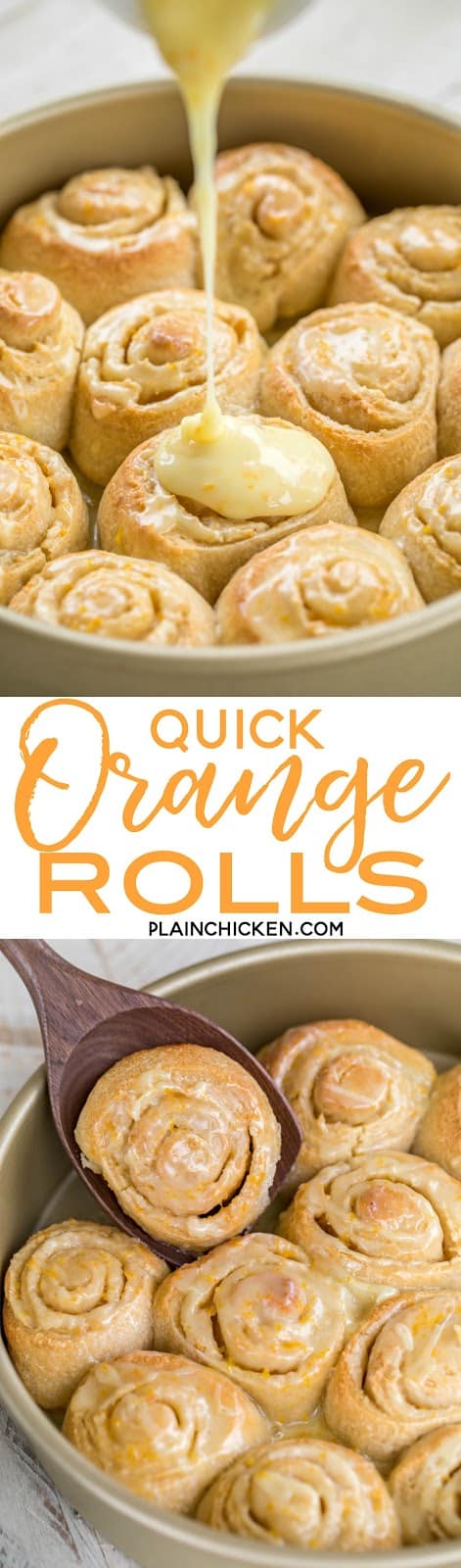 Quick Orange Rolls recipe - AMAZING!!!! We eat these almost every weekend. They are so good! Ready from start to finish in about 30 minutes. French bread dough, cream cheese, brown sugar, orange zest, granulated sugar, powdered sugar and orange juice. You'll never buy the canned orange rolls again. These just can't be beat!!! #cinnamonrolls #breakfast #orangerolls #sweetrolls