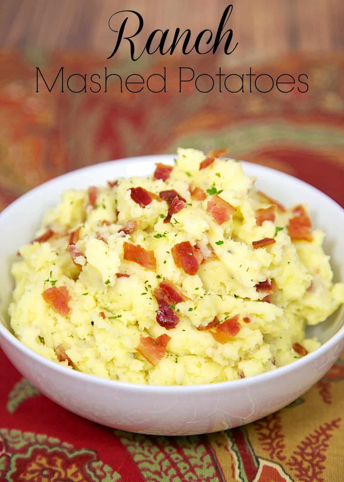 Ranch Mashed Potatoes - yukon gold potatoes, butter, Ranch dressing and bacon. Super quick side dish that packs tons of flavor!