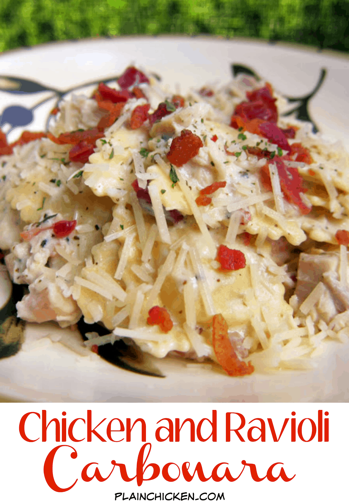 Chicken and Ravioli Carbonara - refrigerated ravioli and chicken tossed in a quick cream sauce and topped with bacon. Ready in under 30 minutes! Great weeknight pasta dish!