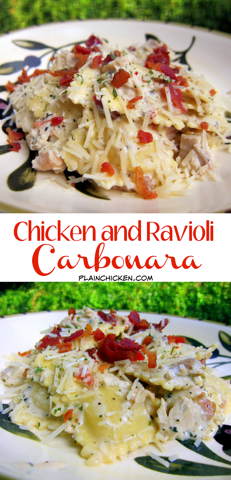 Chicken and Ravioli Carbonara - refrigerated ravioli and chicken tossed in a quick cream sauce and topped with bacon. Ready in under 30 minutes! Great weeknight pasta dish!
