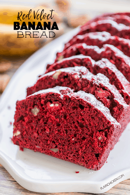 Red Velvet Banana Bread - only 5 ingredients! SO easy and SO delicious! Red velvet cake mix, bananas, eggs, oil and pecans. This is THE BEST! The recipe makes two loaves. One to keep and one to give away. Perfect Valentine's Day breakfast!