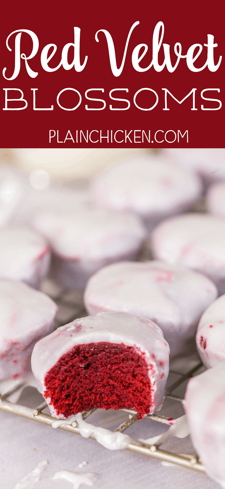 Red Velvet Blossoms - mini red velvet cakes dunked in a homemade cream cheese glaze. These things are CRAZY good! I ate WAY too many of these cakes. Red Velvet cake mix, chocolate pudding, oil, eggs, cream cheese, milk, powdered sugar. Make 5 dozen - great for holiday parties!
