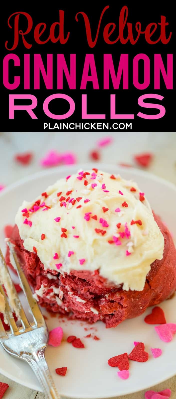 Red Velvet Cinnamon Rolls - TO-DIE-FOR delicious!!! SO easy! Start with a box of cake mix and add flour, water, and yeast. Bake and top with an amazing homemade cream cheese frosting! Makes 24 rolls. One pan for you and one for your Valentine! #redvelvet #valentinesday #cinnamonrolls