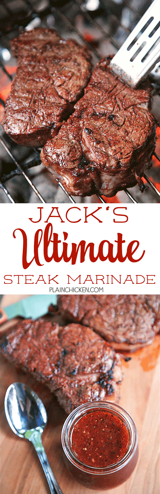 Jack's Ultimate Steak Marinade - steaks marinated in red wine, chili sauce, red wine vinegar, Worcestershire sauce, onion, garlic, salt, pepper and a bay leaf. This marinade is seriously delicious! Our new go-to marinade. TONS of great flavor!!