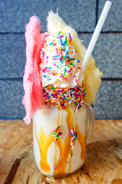 Krusty the Shake - Shake Topped with Cotton Candy and Rainbows - RE:GRUB Burger Bar - Calgary, AB Canada