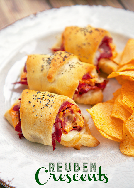 Reuben Crescents - Corned Beef, sauerkraut, swiss cheese, thousand island dressing wrapped in crescent rolls and baked. SO good! Ready in under 20 minutes! Great for a quick lunch or dinner.