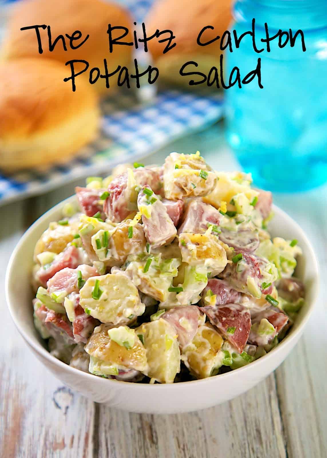 The Ritz Carlton Potato Salad Recipe - heirloom potatoes tossed in mayonnaise, celery, fresh chives and tarragon, and lemon juice - tastes amazing. Everyone always asks for the recipe!