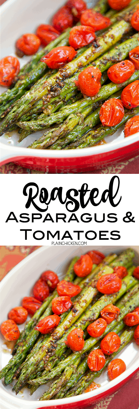 Roasted Asparagus and Tomatoes - takes one minute to toss together and is ready to eat in 15 minutes! SO quick and easy!! Asparagus,grape tomatoes, olive oil, balsamic, parmesan. Great weeknight side dish. Goes with everything! YUM!