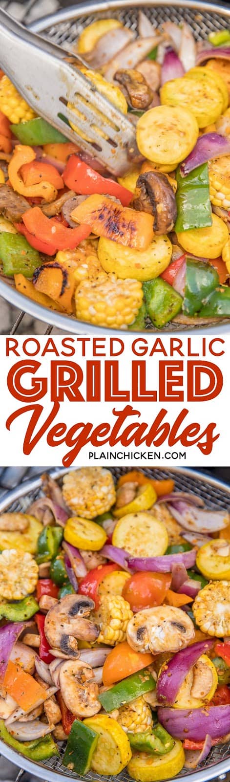 Roasted Garlic Grilled Vegetables - great as a side dish or tossed in pasta. Such an EASY side dish!! Bell peppers, onion, mushrooms, corn and squash tossed in olive oil, brown sugar, paprika, chili powder, salt, pepper and garlic. Ready to eat in about 15 minutes! #grilling #vegetables #sidedish #easysidedish #healthysidedish #lowcarb