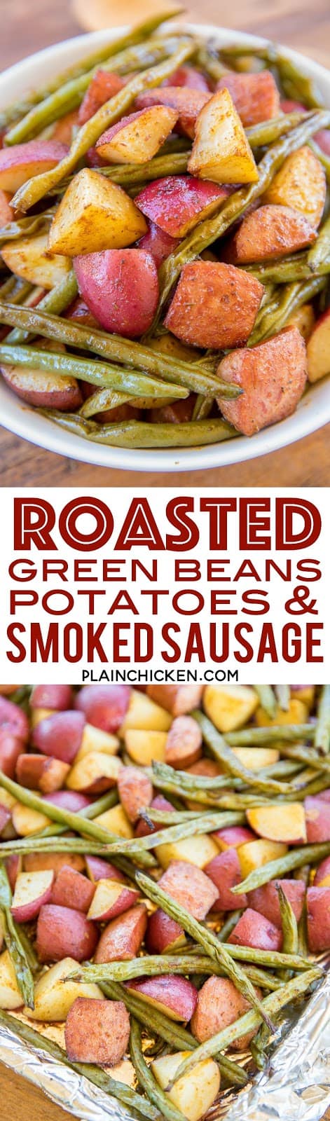 Roasted Green Beans, Potatoes and Smoked Sausage - easy sheet pan meal! Can be a main dish or side dish. SO easy! Only 5 ingredients and ready in 40 minutes!! Red potatoes, green beans, and smoked sausage tossed in olive oil and cajun seasoning. Great weeknight meal! #sheetpanmeal #sidedish #veggies