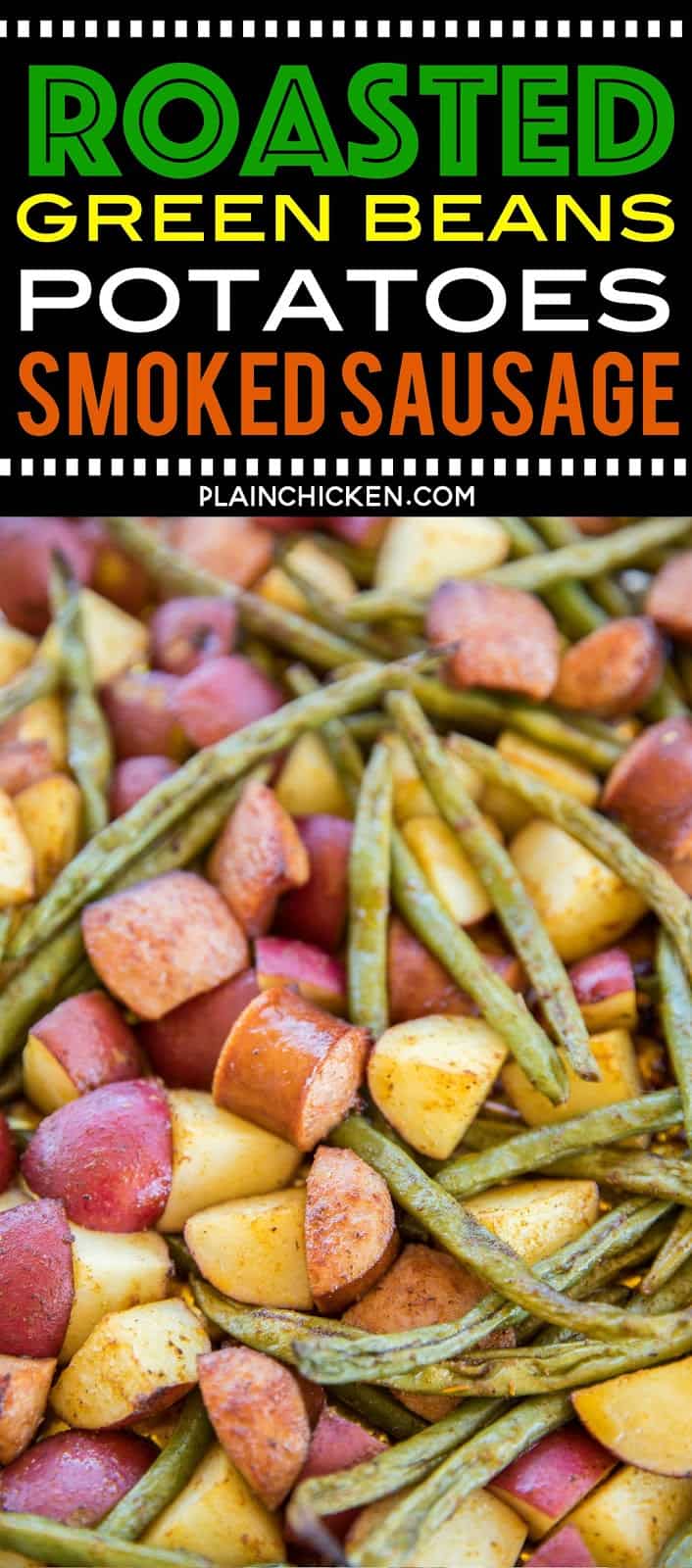 Roasted Green Beans, Potatoes and Smoked Sausage - easy sheet pan meal! Can be a main dish or side dish. SO easy! Only 5 ingredients and ready in 40 minutes!! Red potatoes, green beans, and smoked sausage tossed in olive oil and cajun seasoning. Great weeknight meal! #sheetpanmeal #sidedish #veggies