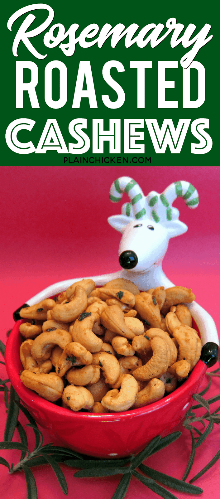 Rosemary Roasted Cashews - so easy and CRAZY good! Only 5 ingredients - cashews, rosemary, cayenne, butter and brown sugar. Ready in 10 minutes. Great for parties! Also makes a great homemade gift. #partyfood #cashews #partynuts