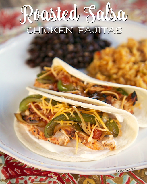 Roasted Salsa Chicken Fajitas - chicken marinated in roasted salsa, Worcestershire sauce and lime. Add some onions and green bell peppers then grill! SOOOO good! WAY better than any restaurant! Everyone loves this easy Mexican meal!