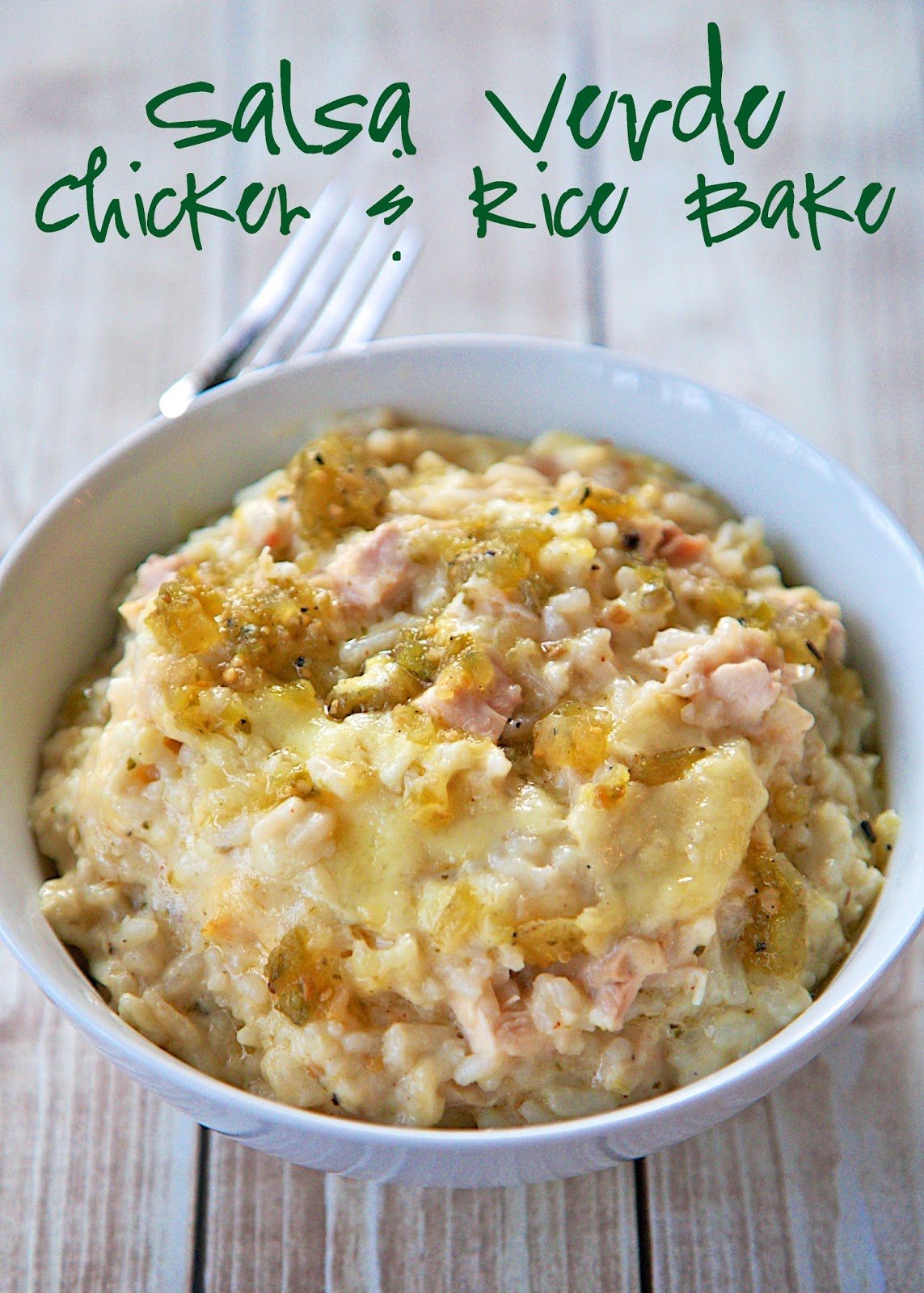 Salsa Verde Chicken and Rice Bake Recipe - chicken, cheese and rice tossed in a creamy salsa verde sour cream sauce. Ready in 20 minutes! No cream of anything soup!! We gobbled this up! Quick and delicious Mexican recipe.