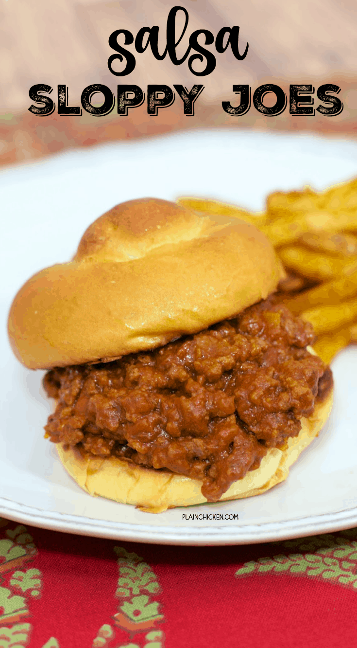 Salsa Sloppy Joes - only 5 ingredients! Ground beef, salsa, tomato soup, brown sugar and buns! Ready in about 15 minutes!! Everyone loved these sloppy joes! Quick weeknight meal!