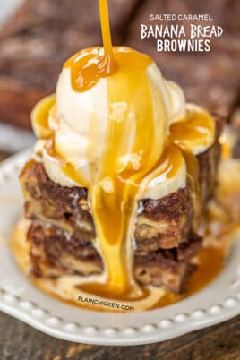 brownies topped wit ice cream and caramel